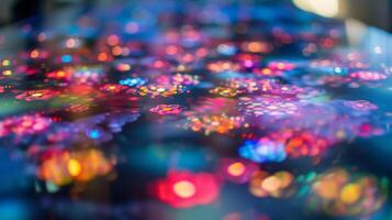 Detail of a table surface covered in a smart material that can display digital elements such as patterns and images. The surface seems to come to life as it swarms with everchangin photo