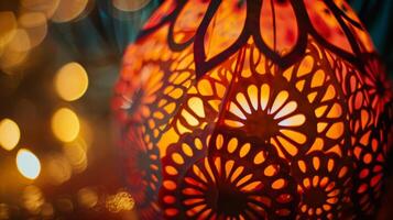 A closeup of a delicate paper lantern its surface covered in intricate patterns created with bioluminescent paint. As the lantern is lit the patterns come alive casting photo
