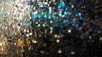 An upclose look at a large wall installation made from layers of discarded CDROMs and floppy disks creating a sparkling and textured surface photo