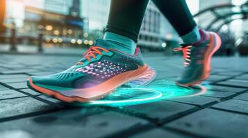 A closeup of a persons foot with a smart shoe up. The shoe has builtin sensors that track steps distance and pace while also providing realtime feedback on running form an photo