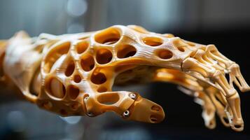 A 3D printed prosthetic limb made from a lightweight durable material. The intricate details of the printing process are visible on the surface of the limb showcasing th photo