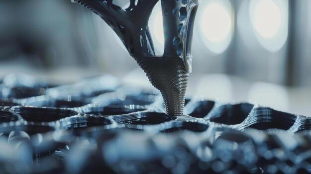 Closeup of a 3D printed structure being reinforced with a lightweight and strong carbon fiber material displaying the potential for using new materials to create sy and reliabl photo