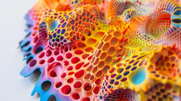 A closeup of a vibrant and mesmerizing 3D printed artwork crafted using a combination of new techniques and outofthebox materials showcasing the fusion of imagination an photo