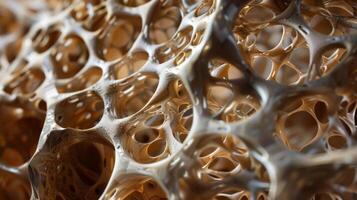A closeup of a nanotube scaffold intricately woven to mimic the structure of natural bone tissue. This biocompatible material could potentially aid in bone regeneration an photo