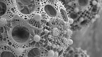 A detailed scanning electron microscope image of a single nanoparticle showing intricate grooves and patterns on its surface. These unique features allow for controlled releas photo