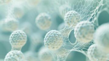 A microscopic view of nanoparticles designed for drug delivery showcasing their small size and spherical shape. The particles appear to be coated in a thin layer indicatin photo