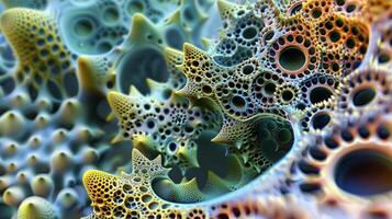 A high magnification image of bioinspired nanomaterials resembling tiny pollen grains with intricate patterns on their surface. These nanoparticles mimicking the catalyti photo