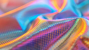 A closeup of a bright iridescent fabric with a unique pattern showcasing the development of new durable textiles that are both functional and aesthetically pleasing photo