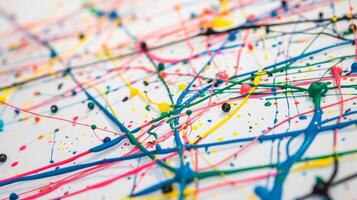 A series of colorful wires crisscrossing over a large sheet of white paper covered in splatters and splotches of various conductive paints symbolizing the many ways to connec photo