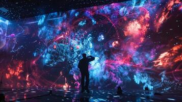 A photograph of a musician performing on a stage surrounded by screens displaying projections created using conductive ink. The ink is used to create moving images that respon photo
