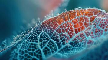 A microscopic view of the surface of a plant leaf covered in a thin layer of aerogel particles. The leaf itself is magnified showing intricate details of the aerogel coatin photo