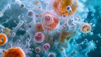 An array of diverse microorganisms is magnified under a microscope showcasing their resilience and survival abilities within aerogel experiments conducted in simulated spac photo