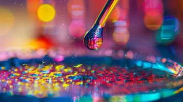 A small colorful droplet of liquid crystal material is carefully extracted from a larger container one of the many crucial components in the complex process of manufacturin photo