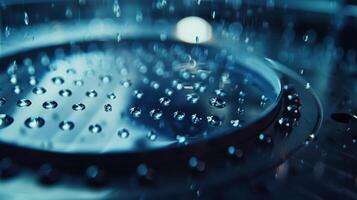 A macro shot of a microchip fabrication machine showing tiny droplets of graphene being carefully p on a silicon wafer. The precision and delicate nature of the process i photo