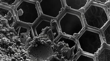 An electron microscope image of a graphene transistor with minute details of its structure visible at an atomic level. The hexagonal pattern of graphene atoms is clearly visibl photo
