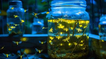 A group of fireflies in a jar demonstrating the final stages of light response in bioluminescent materials. As the fireflies light up their bodies emit a soft glow that illuminate photo