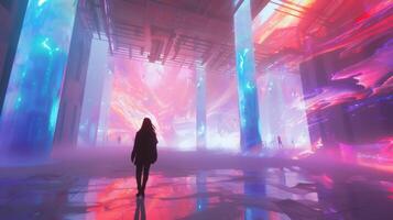 An abstract digital landscape created through a combination of augmented reality and projection mapping surrounds a person walking through a massive indoor art installation photo