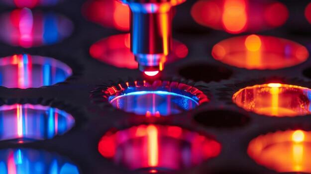 A closeup of a laser pointer being directed at a sample of lightresponsive ink causing it to change color from blue to red. The ink is contained within a small plastic wel photo