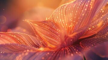 A closeup of a delicate flower petal its surface covered in tiny dots and lines that resemble sound waves. The beauty of this visual translation is enhanced by the soft glo photo