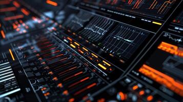 A detailed shot of a digital audio workstation with its screen displaying intricate waveforms and editing tools. This zoomedin image highlights the technological advancement photo