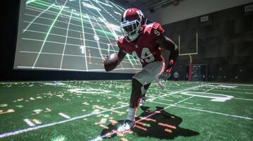 A football quarterback uses a virtual playbook projected onto a field making strategic decisions based on simulated defenders and scenarios photo