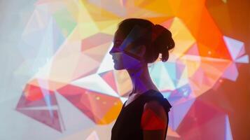 A model stands in front of a blank white wall as colorful geometric shapes dance across her body creating an interactive and dynamic display in this projection mapping fashio photo