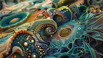 An otherworldly landscape filled with strange and fantastical creatures made entirely of sound waves. Each creature is composed of intricate patterns and shapes representin photo