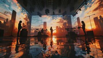 As a band performs on stage projections of landscapes and cityscapes backdrop them creating an everchanging setting for their music. The projections shift from a serene sunse photo