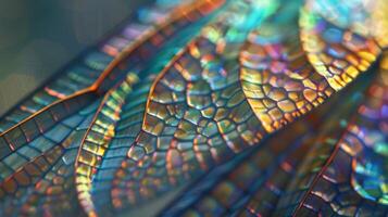 A closeup of a dragonflys wing highlighted with a slightly iridescent sheen. The microscopic structures on its wings allow it to repel water and remain lightweight while flying photo