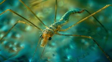 A magnified view of a water strider gliding effortlessly on a still pond. The microscopic hairs on its legs and body create air pockets allowing it to walk on water withou photo
