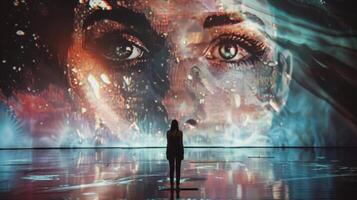 In the center of the stage a giant projection of a singers face appears artfully blending with their real features. As they sing the projection reflects their emotions creatin photo