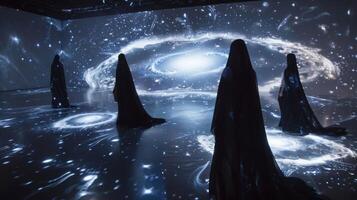 A dark room is transformed into a mystical world with swirling galaxies projected onto flowing capes and gowns showcasing the endless possibilities and creativity of projectio photo