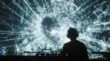 During a DJ set dynamic projections of geometric shapes and patterns swirl around the stage matching the pulsing beats of the music. The audience is caught up in the highenerg photo