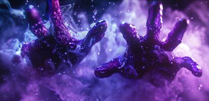 A pair of hands seemingly reaching out from another dimension their fingers coated in vibrant purple and blue ferrofluid creating an otherworldly and eerie appearance. photo