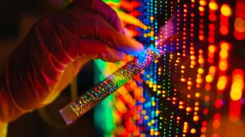 A closeup of a lab technicians hands holding a microscope slide with a sample of quantum dots. The dots carefully arranged in a precise pattern are being illuminated wit photo