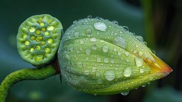 A side view of a lotus flower bud with water droplets clinging to its surface. The fresh dewy appearance of the droplets exemplifies the lotuss ability to repel water an photo