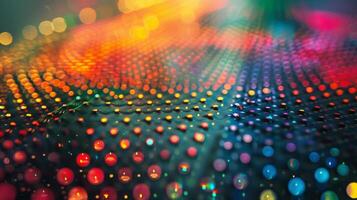A detailed shot of a thin film of Quantum Dots carefully coated onto a glass substrate. The tiny dots are evenly spaced and arranged in a grid ready to be used in a displa photo