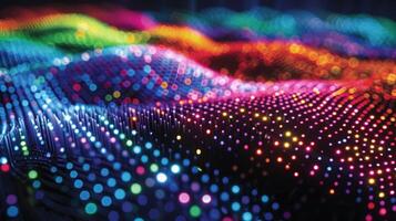 An intricate view of a quantum dot display revealing multiple layers of tiny precisely arranged dots. Each layer emits a different color and when combined create the complet photo