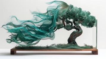 Wispy strands of algae varying in shades from light aquamarine to deep forest green d over a wooden frame to form a majestic lifelike tree sculpture serving as a symbol o photo