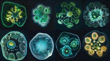 A series of microscope images showing the cellular structure of different types of algae. The cells vary in shape and size highlighting the diversity of these organisms an photo