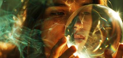 A woman holding a crystal ball in her hands her face lit up with wonder and excitement. As she stares into the ball images of different possible futures appear and swirl photo