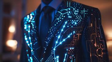 A mans suit jacket appears to be a standard black but upon closer inspection subtle designs light up in mesmerizing patterns. The use of soft circuits in fashion allows fo photo