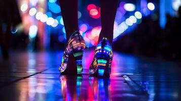 un par de alto tacones deslumbra con colores y patrones como ellos caminar abajo un tenuemente iluminado pista. incrustado suave circuitos permitir el Zapatos a ligero arriba con cada paso creando un mesmerizina foto