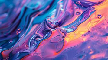 Vibrant hues of blue purple and pink dance across the distorted reflection of a colorful abstract painting created by the movement of magnetic fluid under the influence o photo