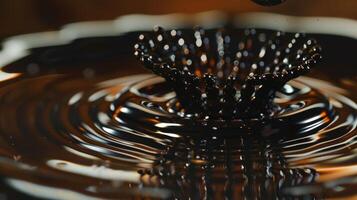 A magnet hovers just above the ferrofluid causing it to react and rise up to meet it. The two seem to form a sort of invisible bond with the ferrofluid tracing the contour photo