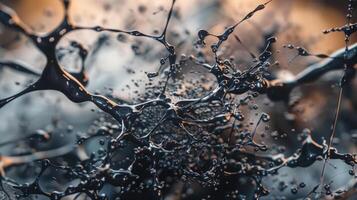 A highlydetailed closeup of a ferrofluid art piece revealing the intricate web of patterns and lines that make up the alien landscape. Delicate tendrils of ferrofluid ar photo