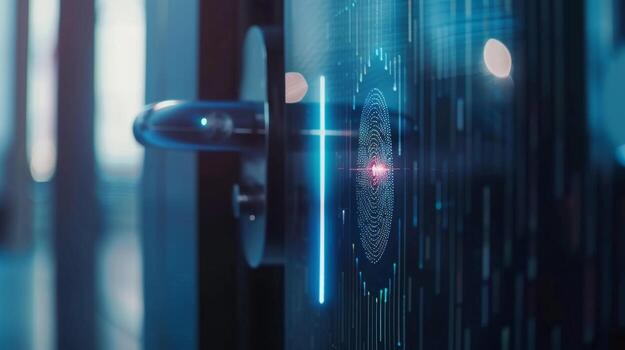Closeup of a fingerprint scanner on a sleek modern security gate utilizing advanced privacy materials to ensure restricted access photo