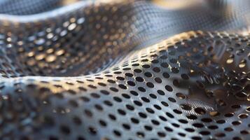 A closeup of a specialized metamaterial membrane designed to absorb and redirect sound waves with tiny perforations and intricate patterns covering its surface photo