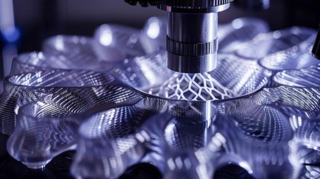 A closeup of a 3D printed object under a microscope revealing the intricate details and precise layers created through experimental holographic printing techniques photo