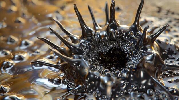 A magnified view of a single ferrofluid particle shows its unique contour and texture resembling a spiky spherical creature with metallic tentacles reaching out in all directions photo